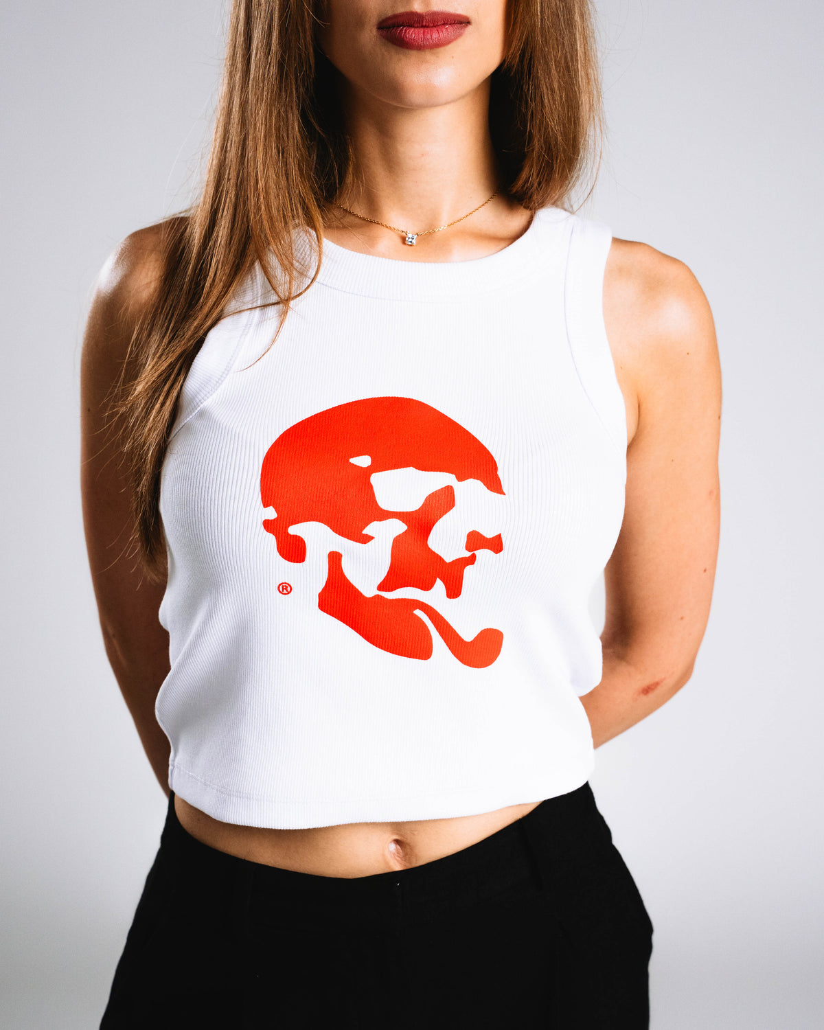 Skelly Basic, A Woman's White Tank (Red Logo)-4