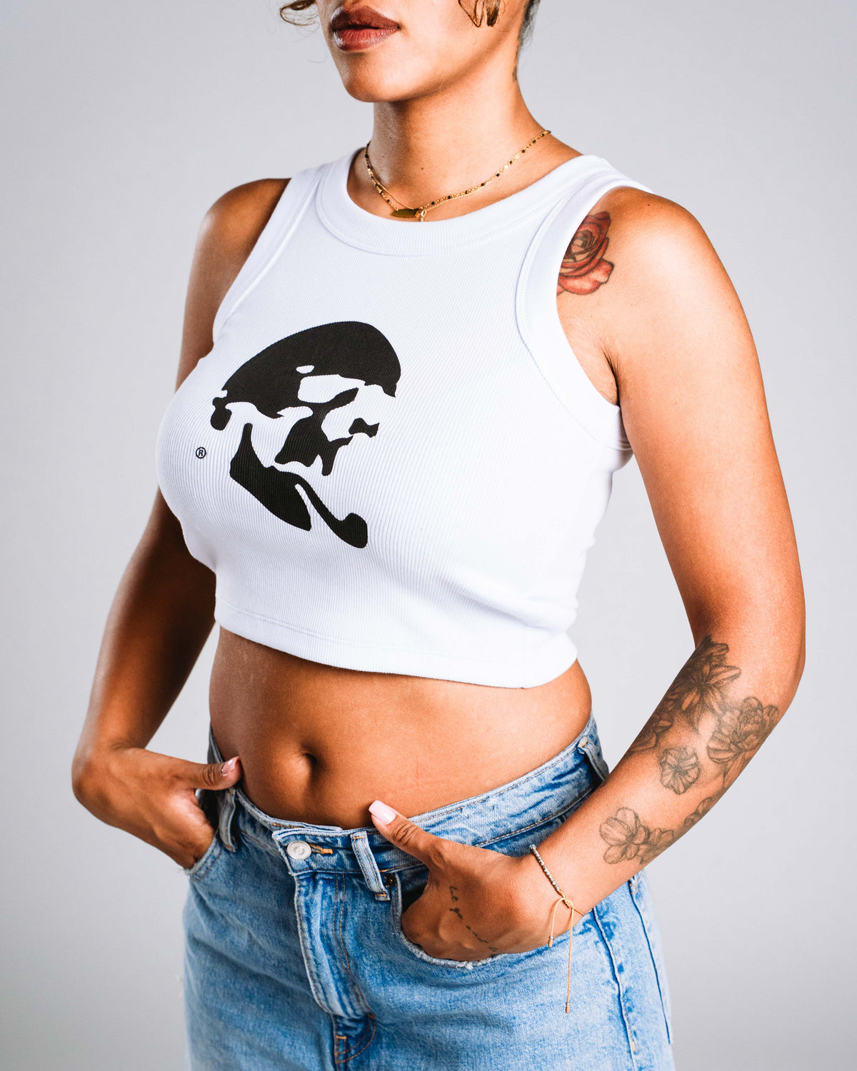 Skelly Basic, A Woman's White Tank (Black Logo)-3