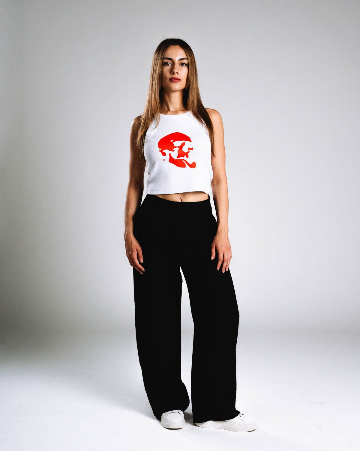 Skelly Basic, A Woman's White Tank (Red Logo)-6
