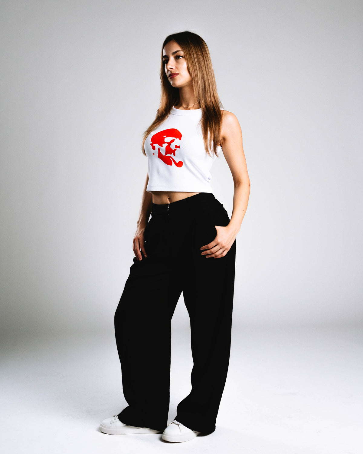 Skelly Basic, A Woman's White Tank (Red Logo)-7