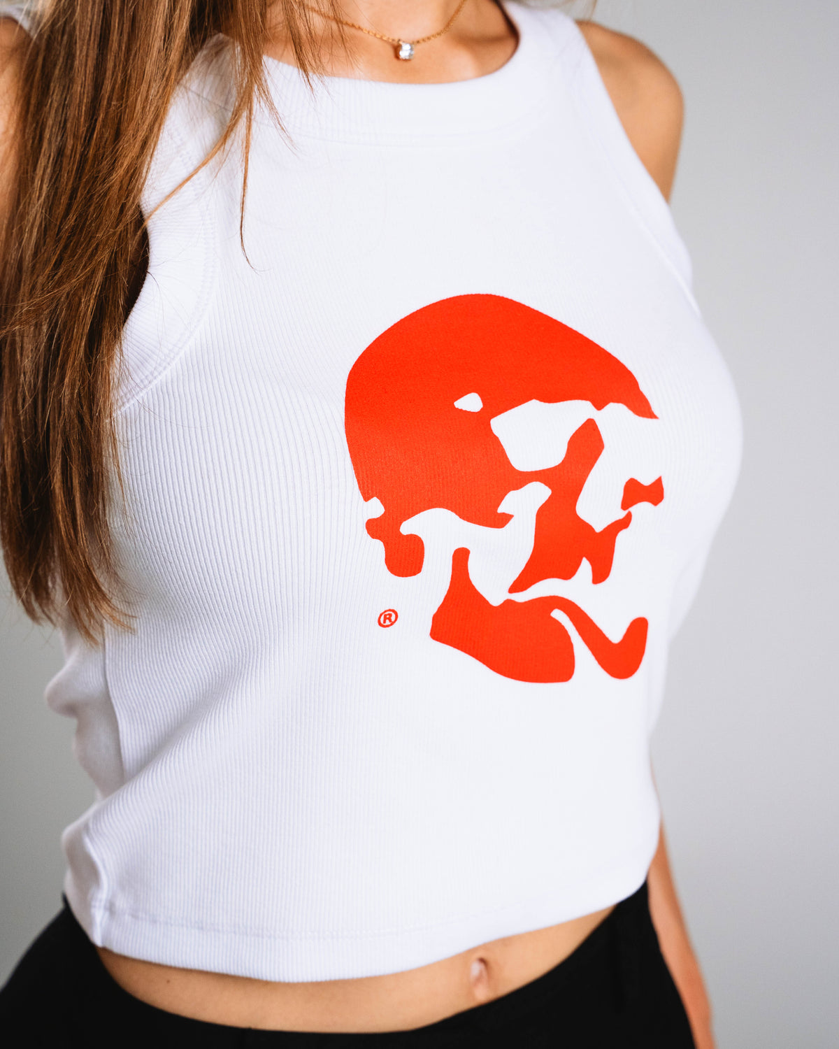 Skelly Basic, A Woman's White Tank (Red Logo)-5