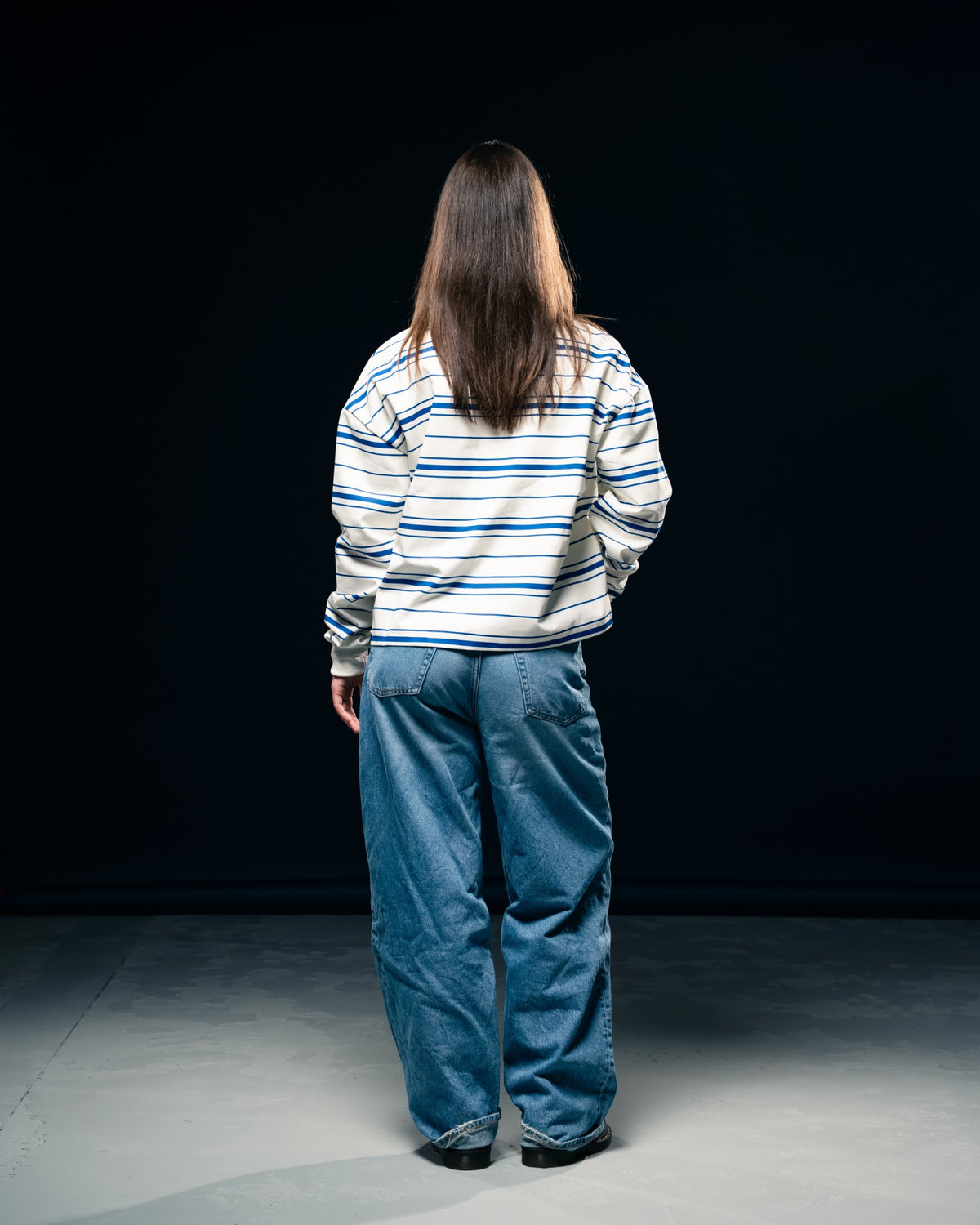 Creme/Blue Striped Long-Sleeve Polo T-Shirt