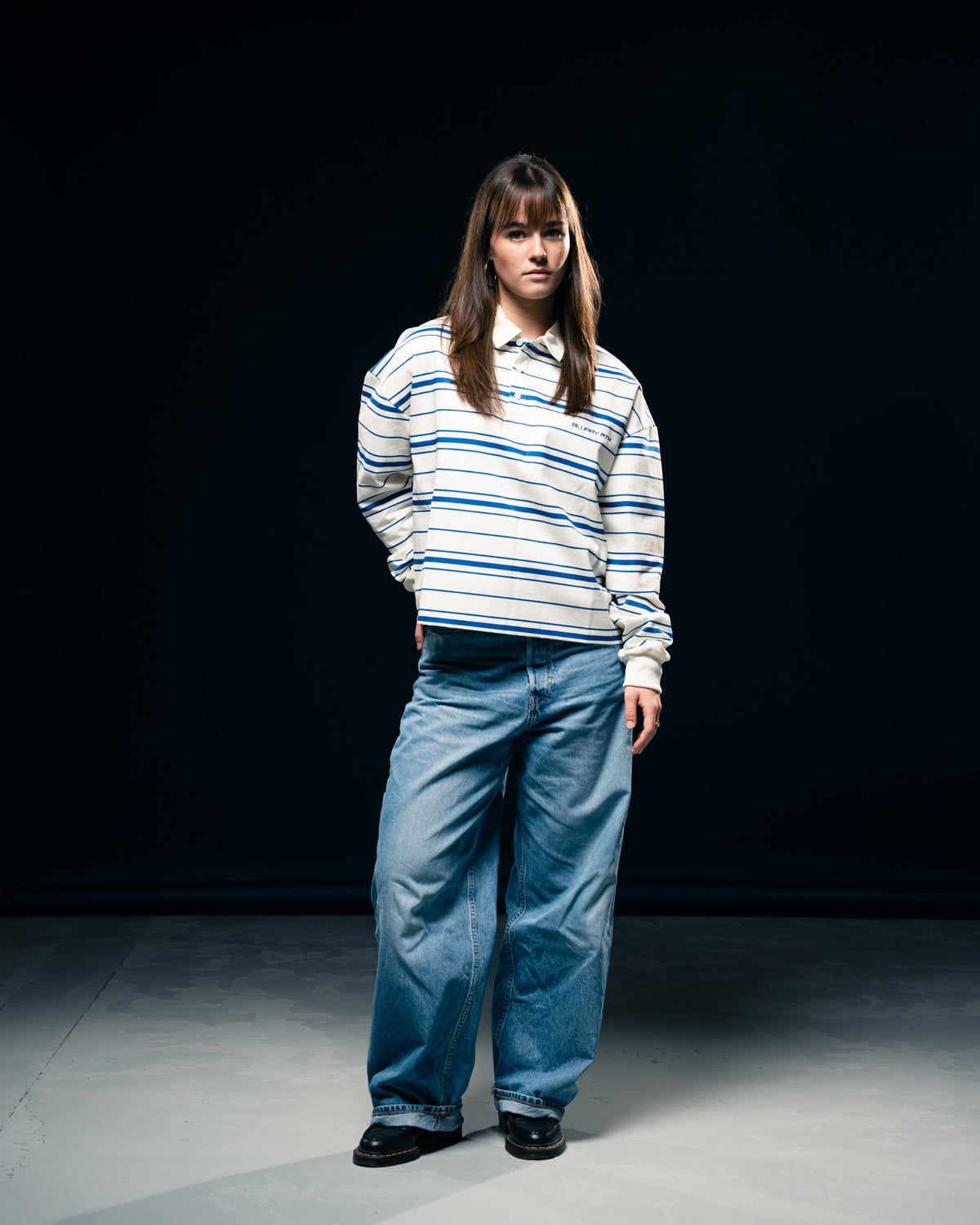 Creme/Blue Striped Long-Sleeve Polo T-Shirt