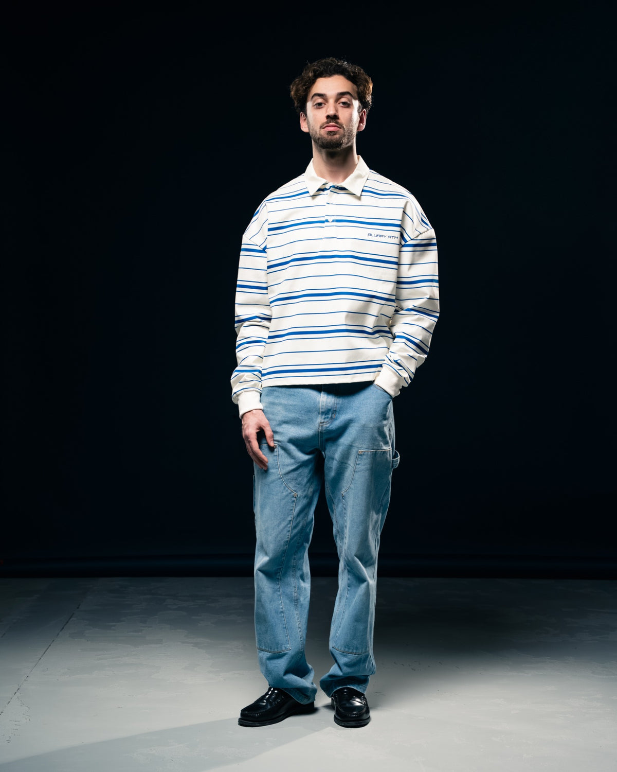 Creme/Blue Striped Long-Sleeve Polo T-Shirt-6